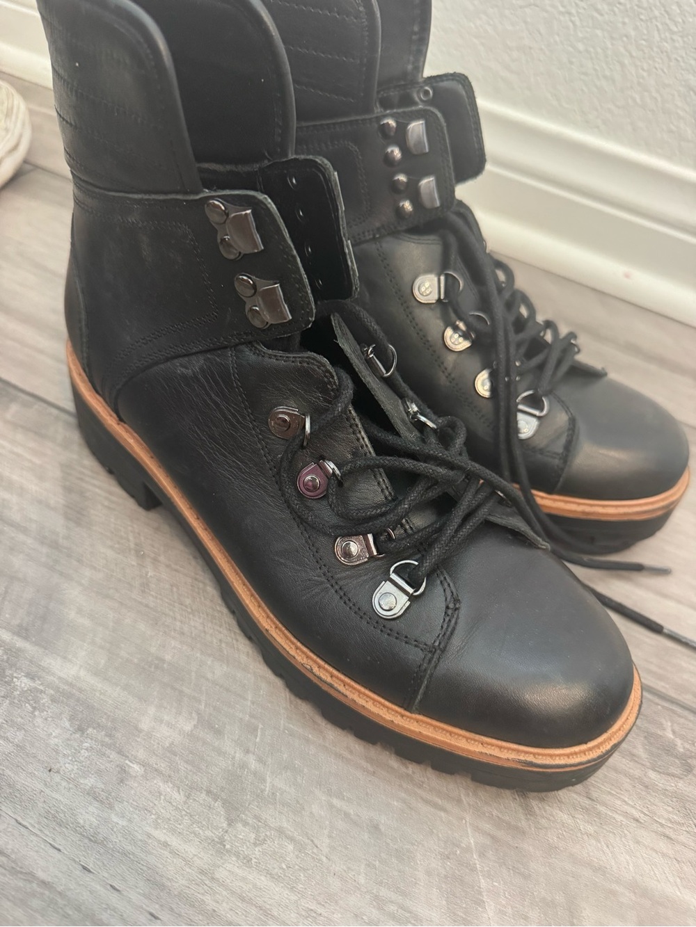Marc Fisher Women’s Black Leather Lace-Up Combat Boots with Contrast Welt